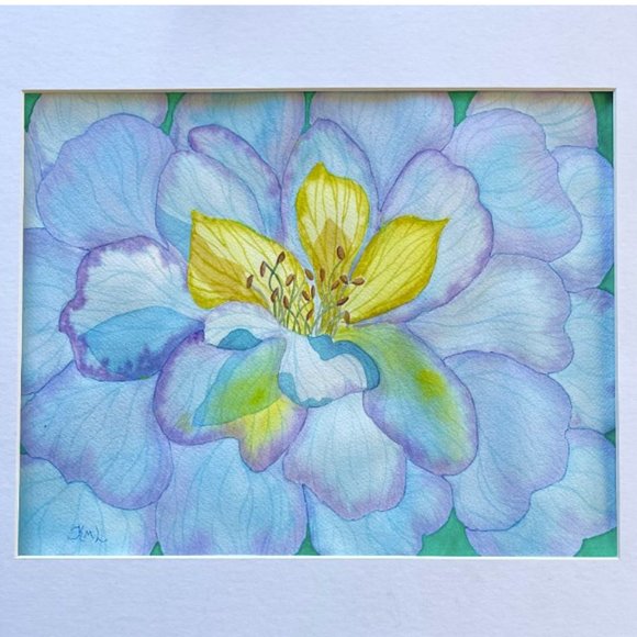 PAINTING WATERCOLOR ORIGINAL ART ANEMONE FLOWER BLUE PURPLE 11x14 MAT 16X20 - Picture 2 of 2